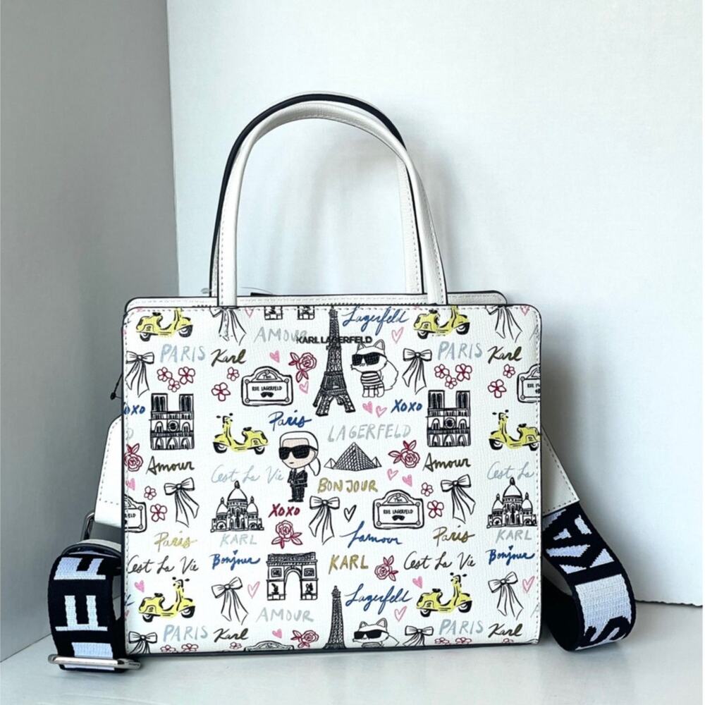 Karl Lagerfeld Maybelle White Ikons Paris Print Satchel Bag